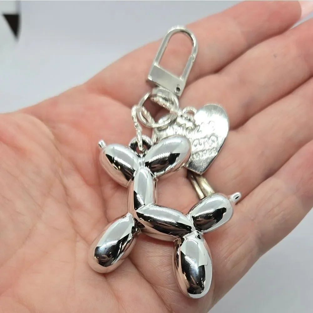 Silver Balloon Dog Keychain 3D Pop Art Bag Charm Heart Novelty Purse Accessory